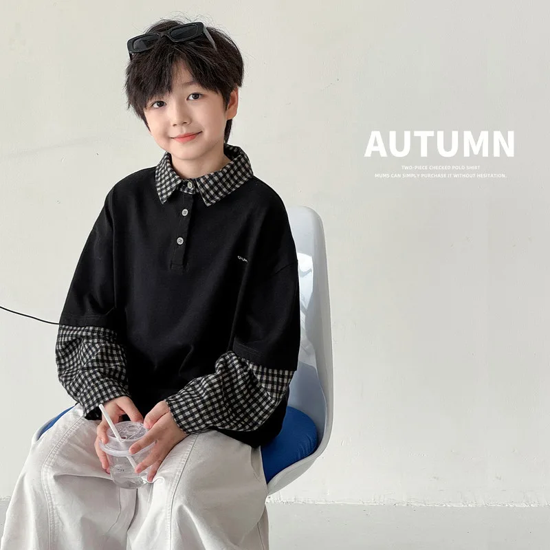 【KID】チェック襟袖レイヤード風長袖Tシャツ