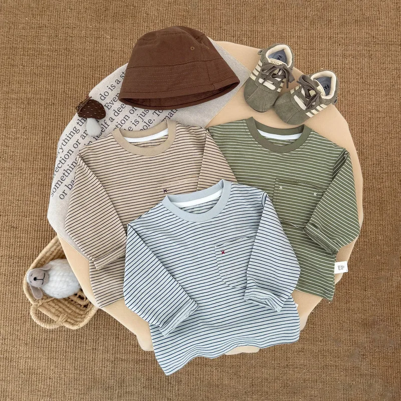 【BABY】ストライプラウンドネック長袖Tシャツ