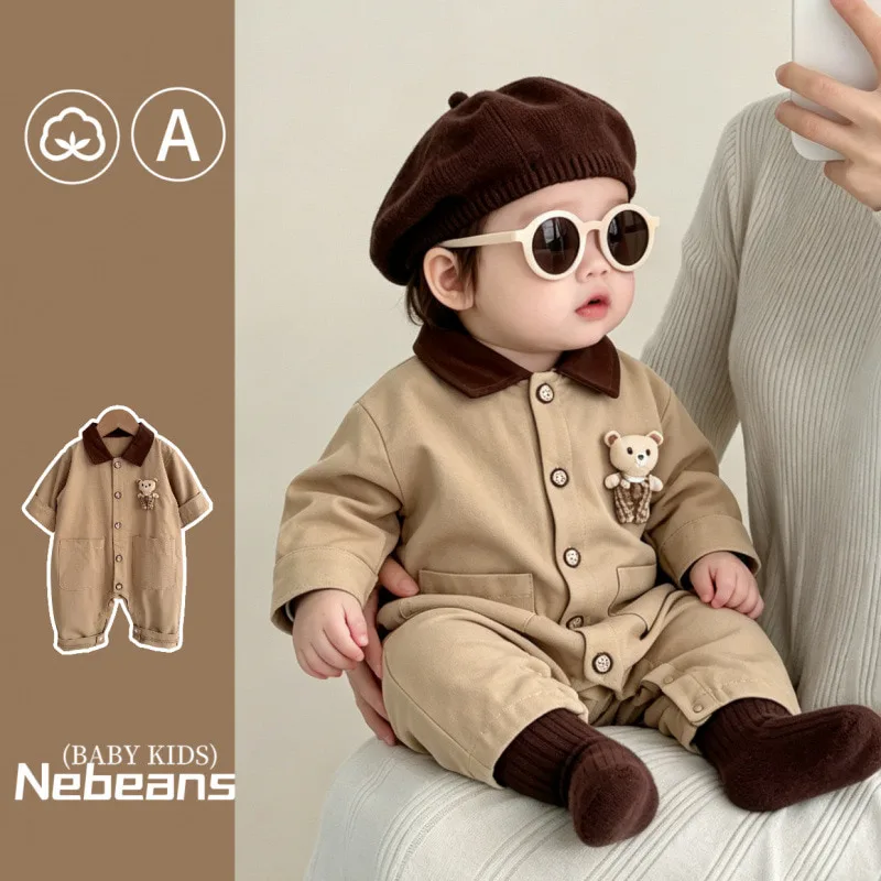【BABY】くまモチーフ襟付きベビー長袖ロンパース