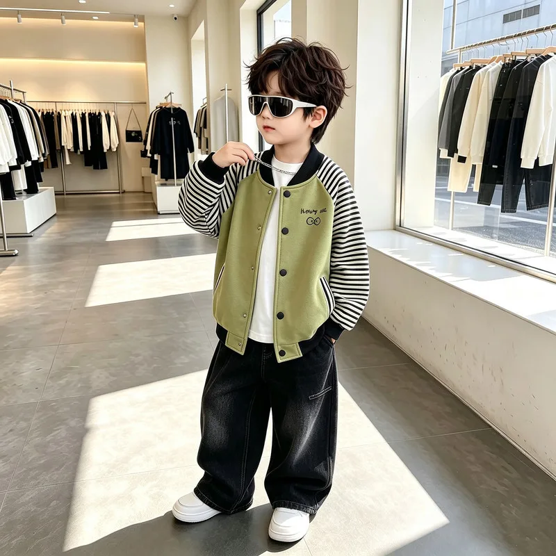 【KID】グリーン配色ストライプ袖スタジャン