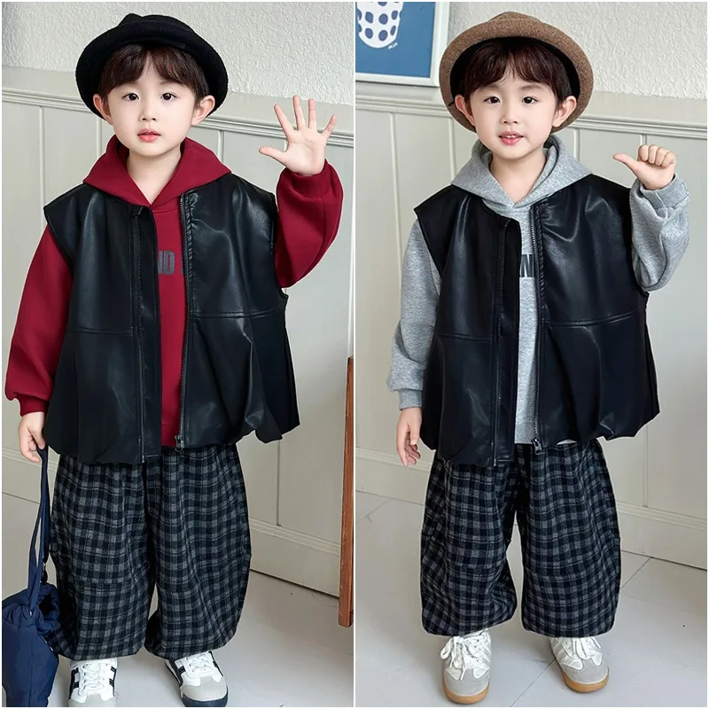 【セット】フードパーカー合皮ベストチェックパンツ3点セット