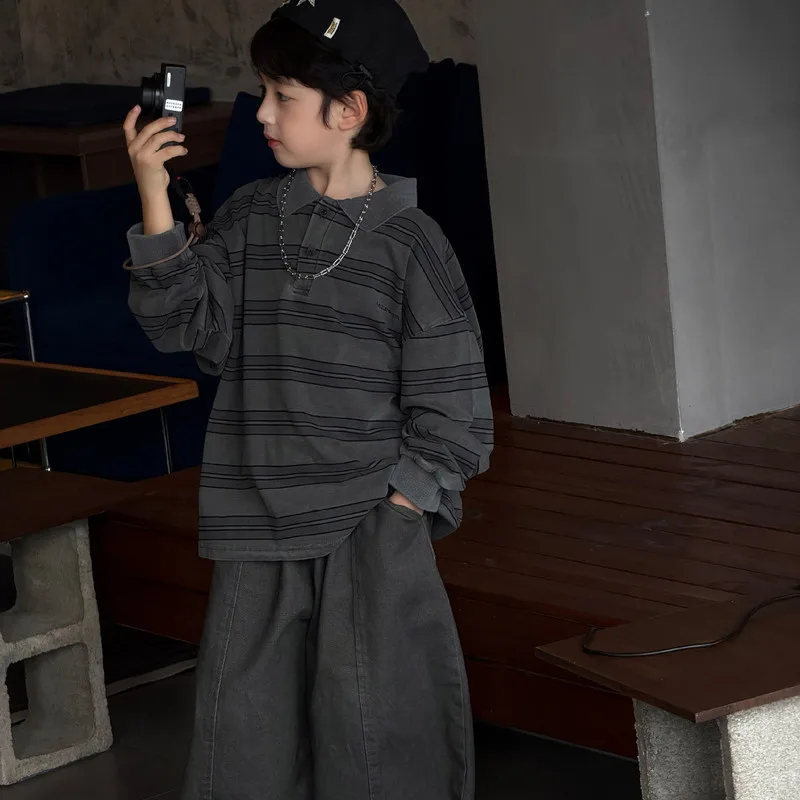 【KID】グレーストライプ長袖Tシャツ