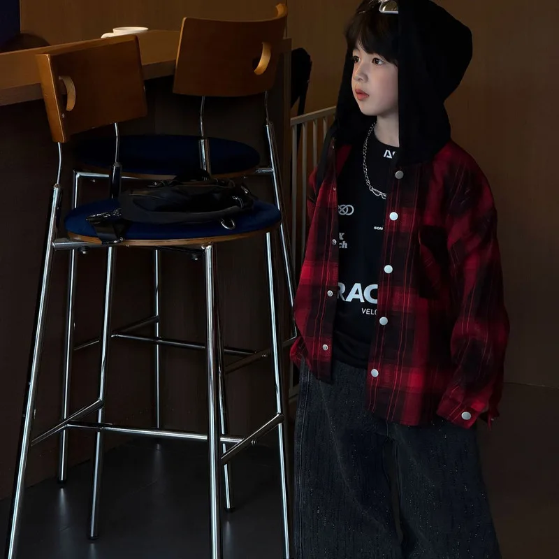 【KID】レッドチェックボタンフードジャケット