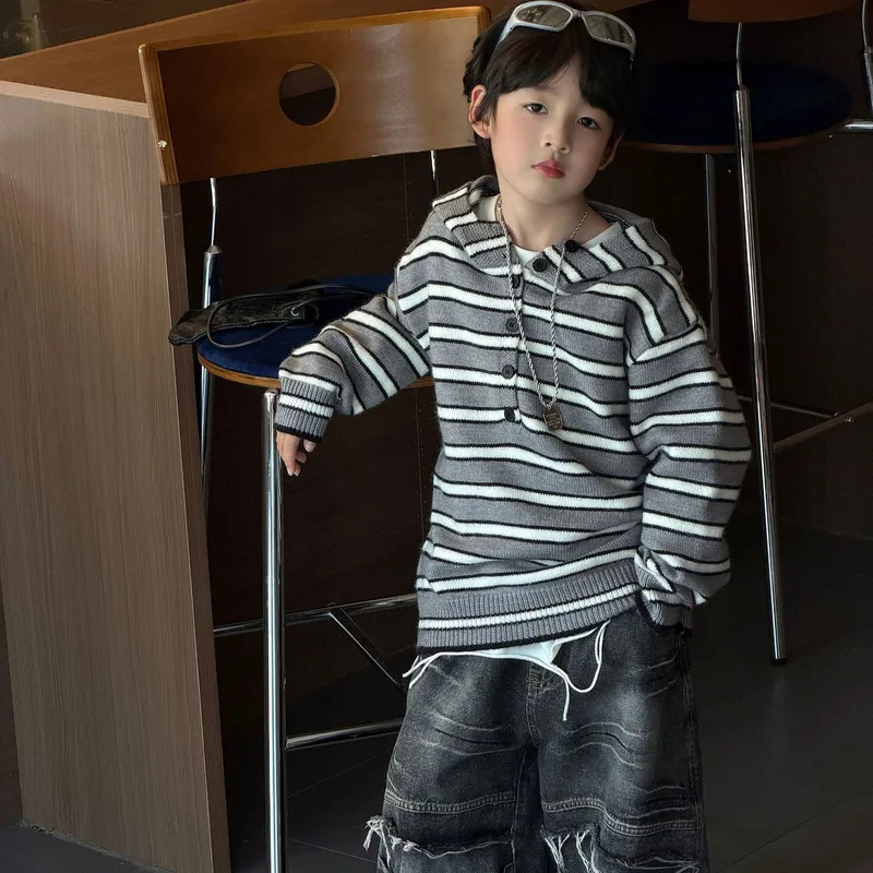 【KID】ストライプニット長袖プルオーバー