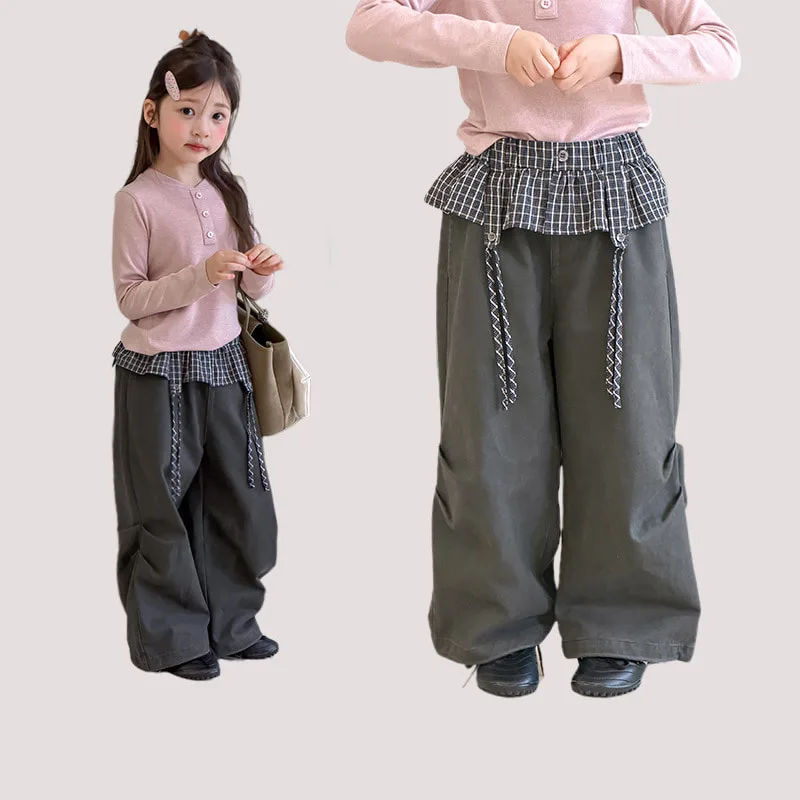 【KID】チェックレイヤードワイドカーゴパンツ