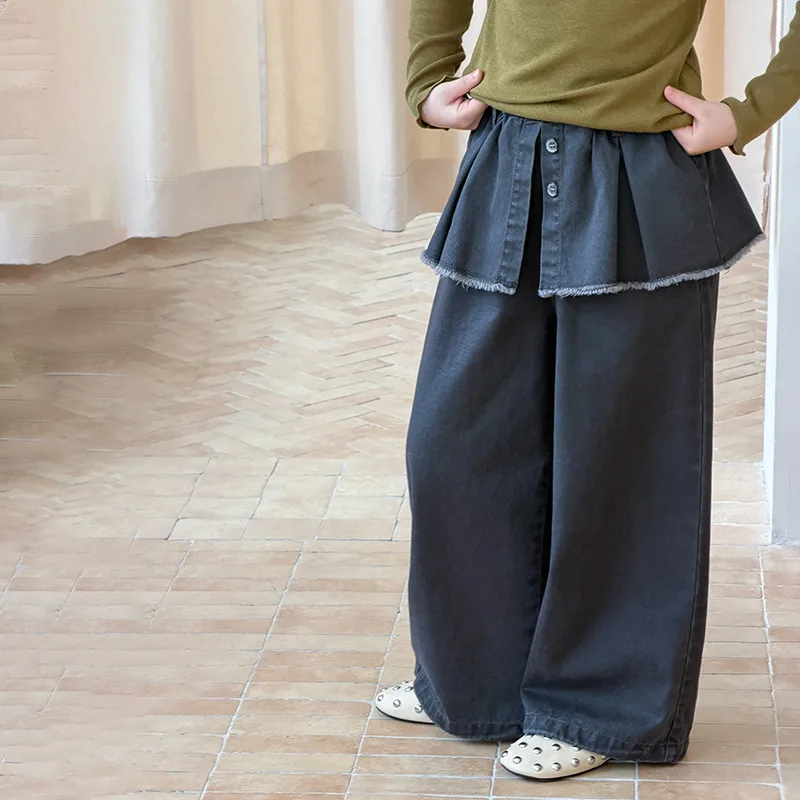 【KID】フェイクスカートレイヤードデニムワイドパンツ