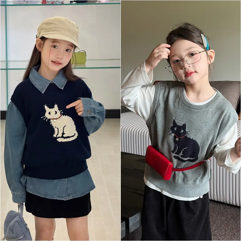 【KID】ネコ柄ニットベスト
