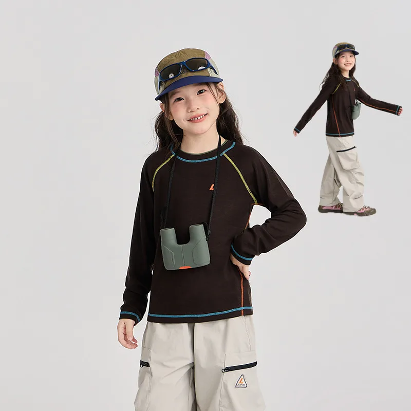 【KID】ブラウン配色ステッチクルーネック長袖Tシャツ