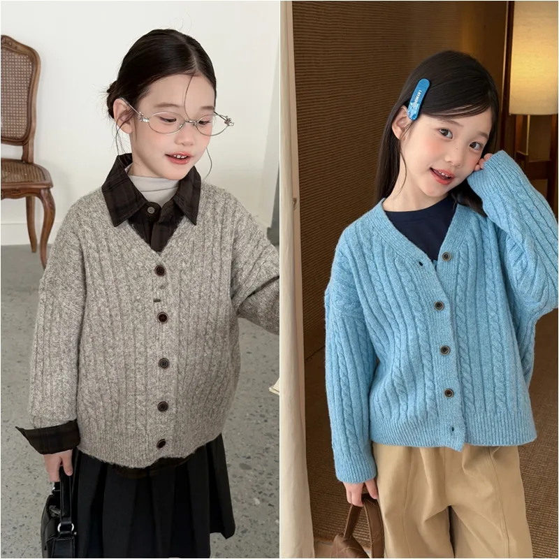 【KID】ケーブル編みVネックニットカーディガン