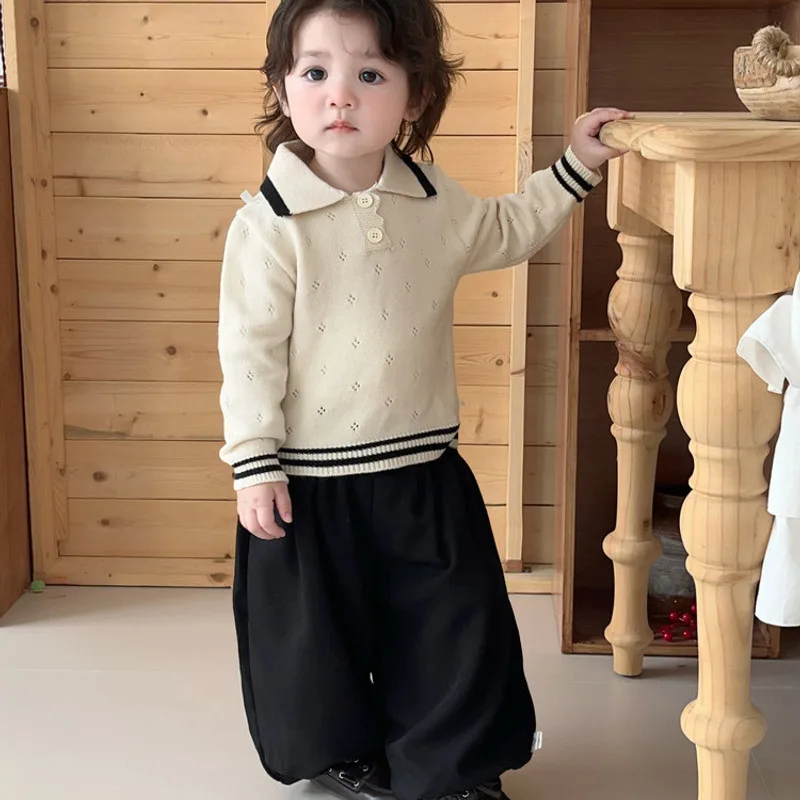 【BABY】配色ラインポロ襟ニットトップス