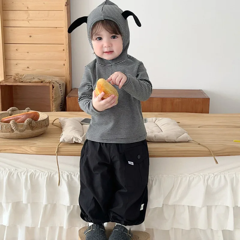 【BABY】ストライプフード付き長袖Tシャツ