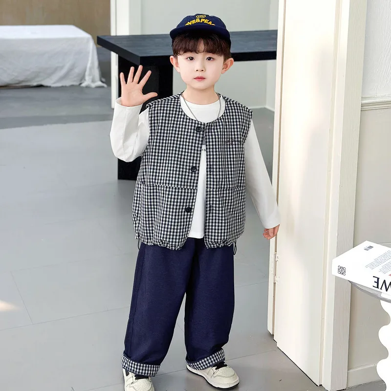 【セット】チェックベストレイヤードデニムパンツセット