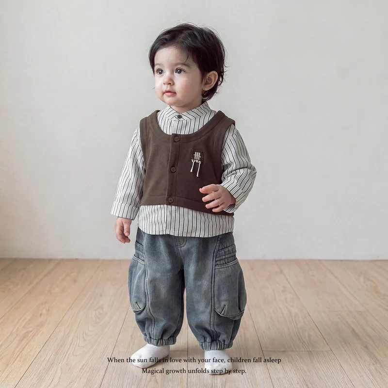 【BABY】ブラウンベスト重ね着風ストライプ裏起毛シャツ