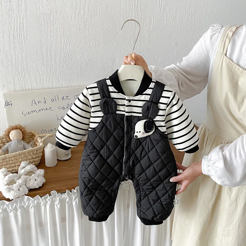 【BABY】ドッグモチーフストライプ重ね着風ロンパース
