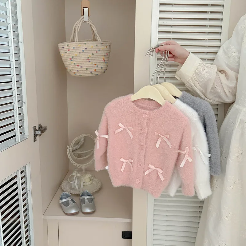 【BABY】リボンデザインふわふわニットカーディガン