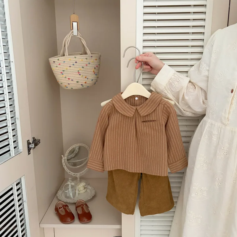 【BABY】ブラウンストライプ襟付き長袖ブラウス