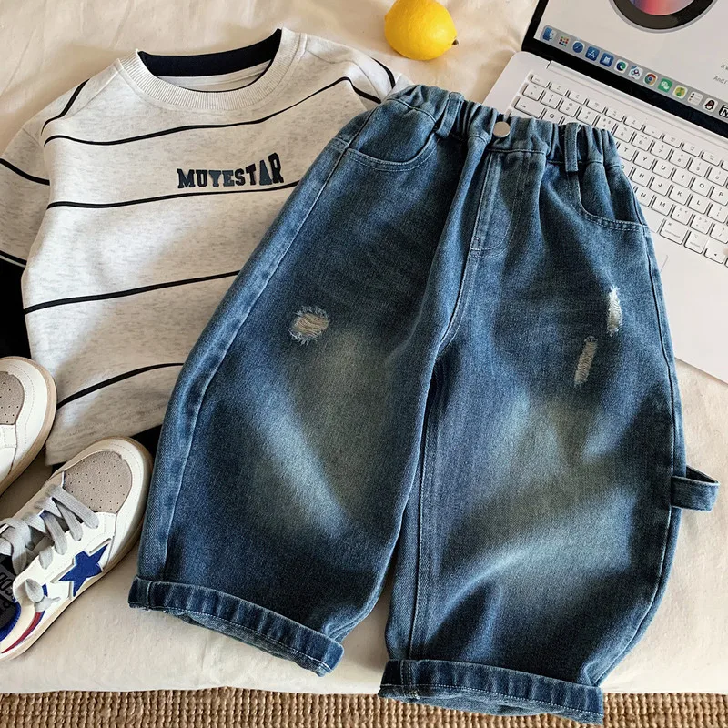 【KID】ダメージ加工ウォッシュデニムパンツ
