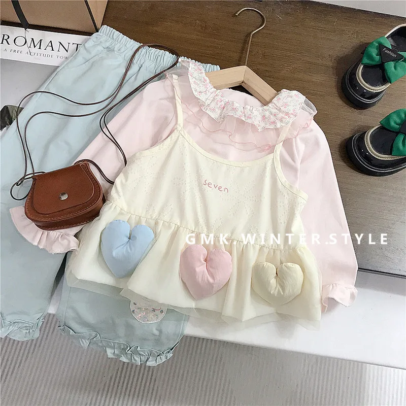 【セット】ハートモチーフフリル襟Tシャツベストデニムパンツセット