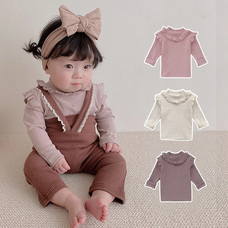 【BABY】フリル襟付きリブ長袖ベビーTシャツ