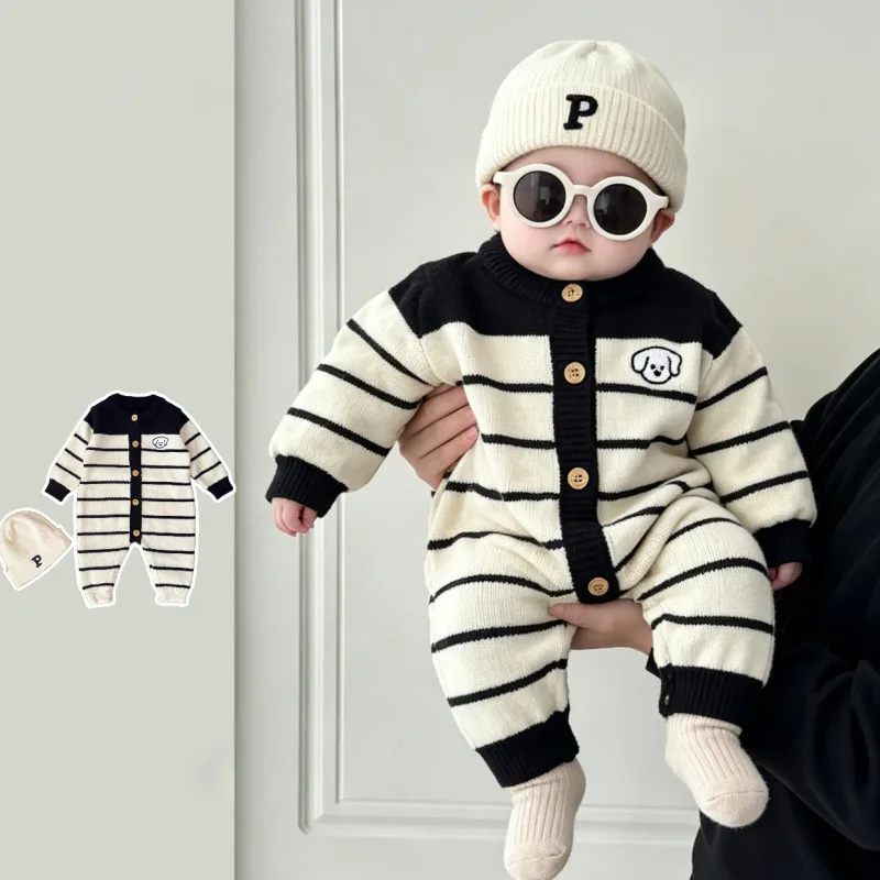 【BABY】アイボリーストライプニットロンパース
