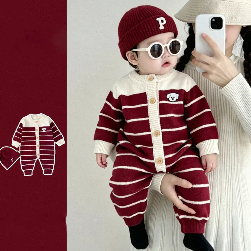 【BABY】レッドストライプくま長袖ロンパース