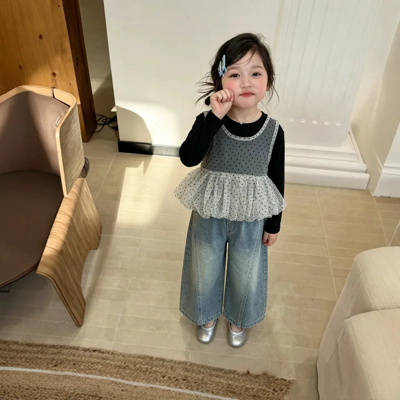 【セット】ドットチュールベスト長袖Tシャツデニムパンツセット