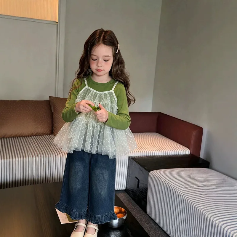 【セット】オアシス柄Tシャツ重ね着ベストデニムパンツセット