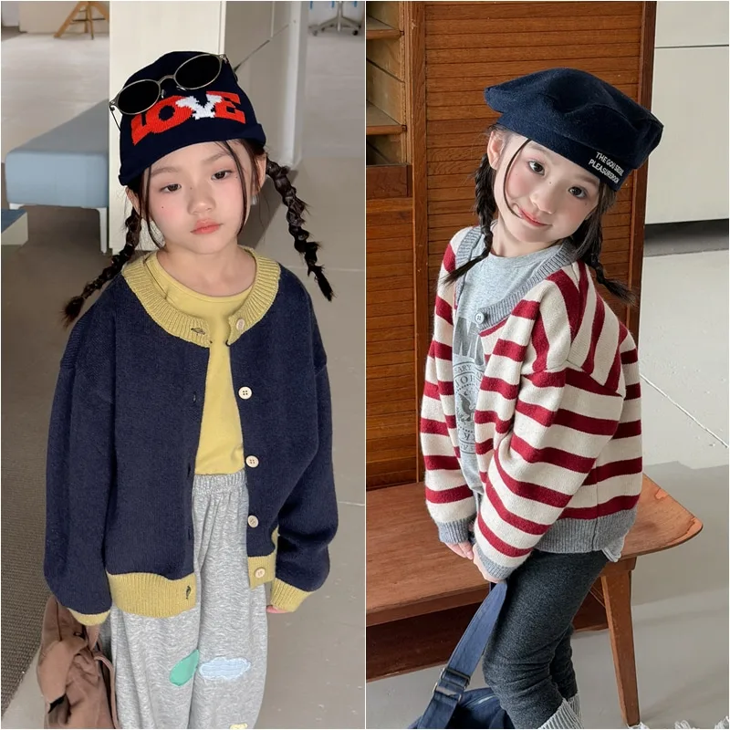 【KID】配色リブニットボタンカーディガン