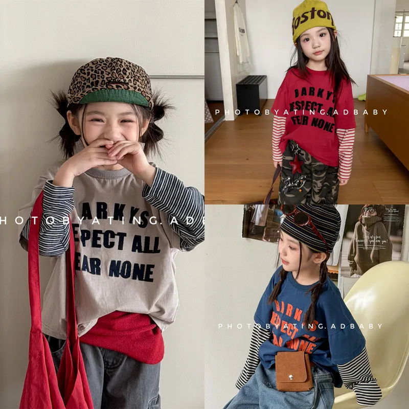 【KID】ストライプスリーブ英字ロゴ長袖Tシャツ
