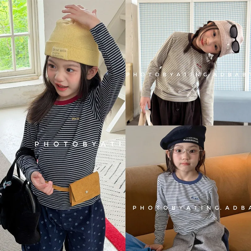 【KID】ストライプ柄英字プリント長袖Tシャツ