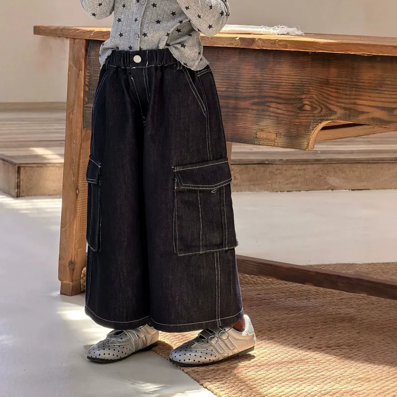 【KID】ブラックデニムワイドカーゴパンツ