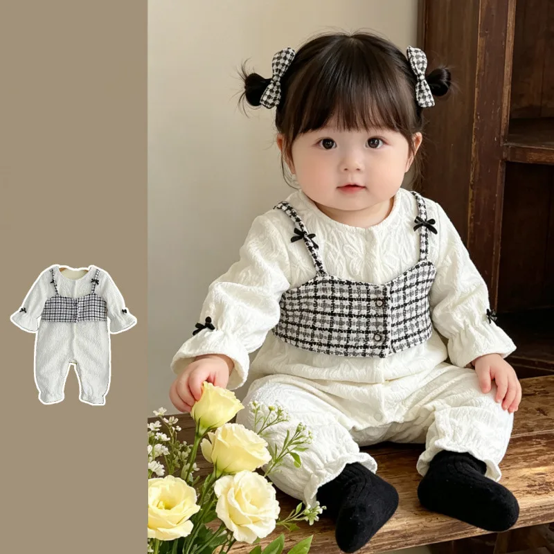 【BABY】チェックビスチェ風キルティングロンパース