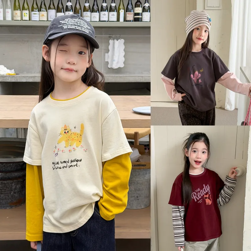 【KID】ネコプリントレイヤード風長袖Tシャツ