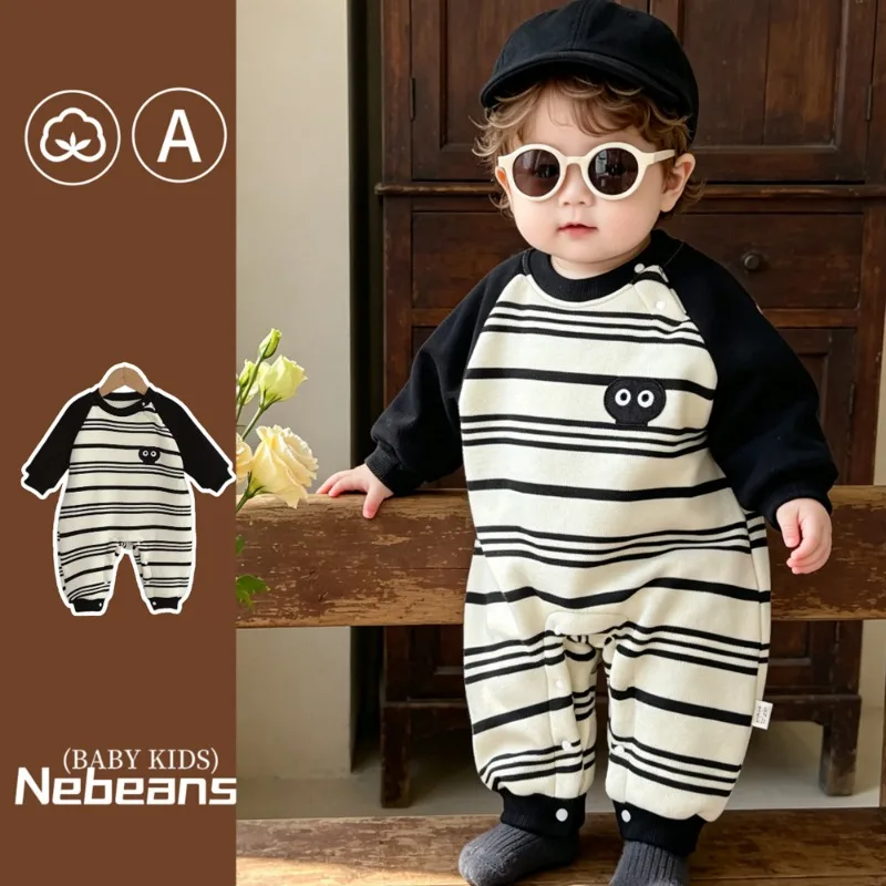 【BABY】ブラックストライプ裏起毛ベビーロンパース