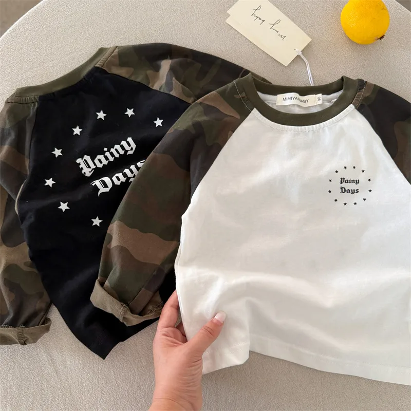 【KID】カモフラージュ袖切替英字長袖Tシャツ