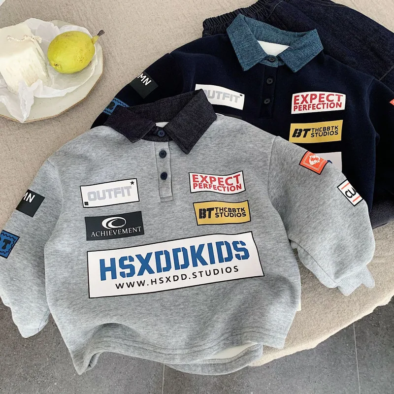 【KID】英字デザイン裏起毛ポロ襟長袖Tシャツ