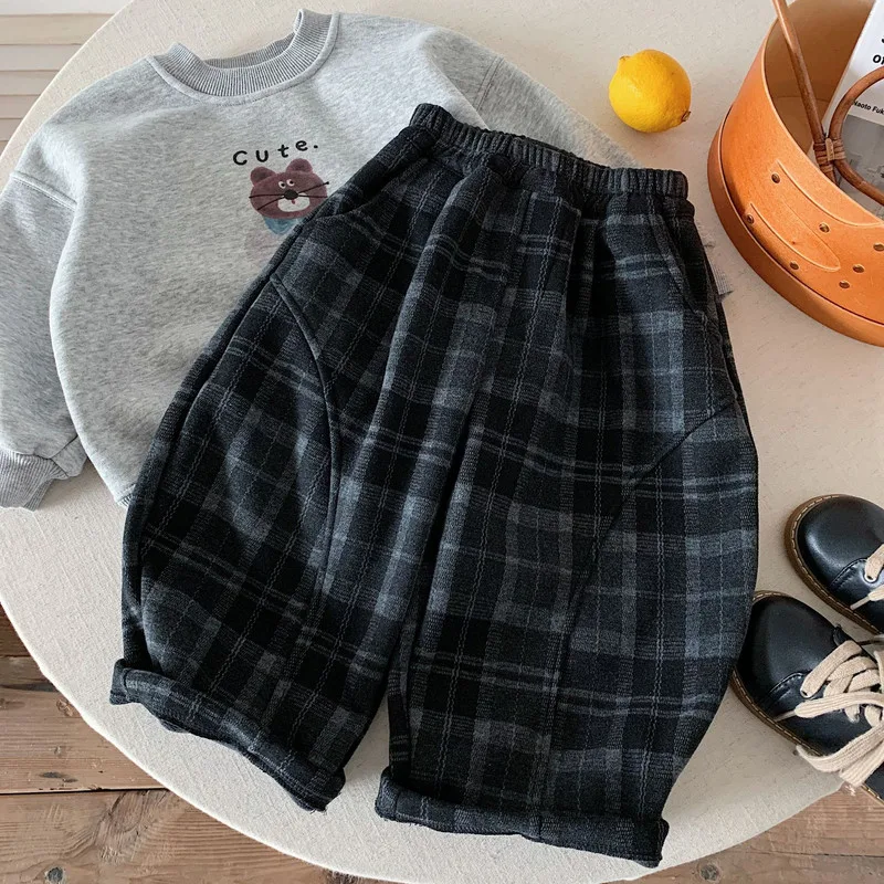 【KID】ブラックチェック裏起毛キッズロングパンツ