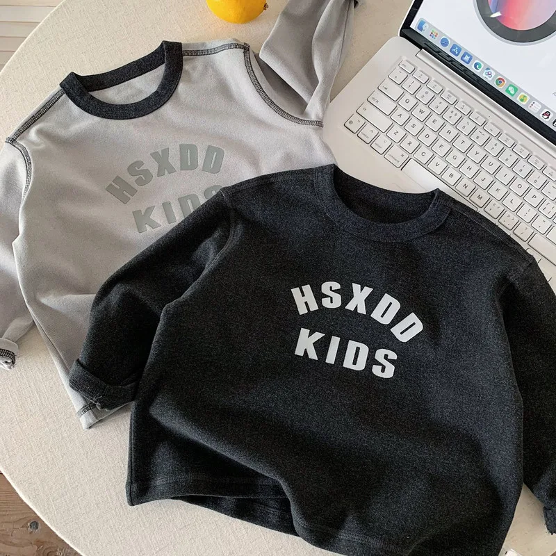 【KID】英字ロゴプリント裏起毛長袖Tシャツ