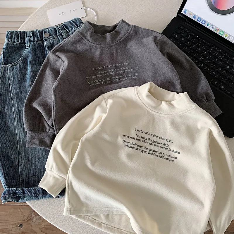【KID】英字プリント裏起毛ハイネック長袖Tシャツ