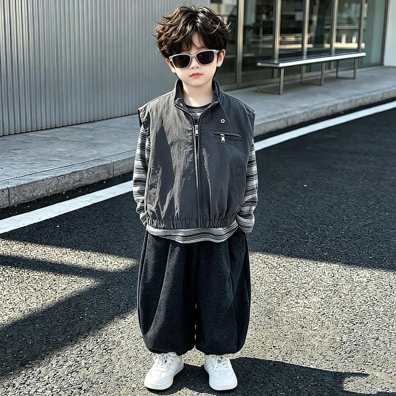 【セット】グレーストライプ袖Tシャツベストパンツセット