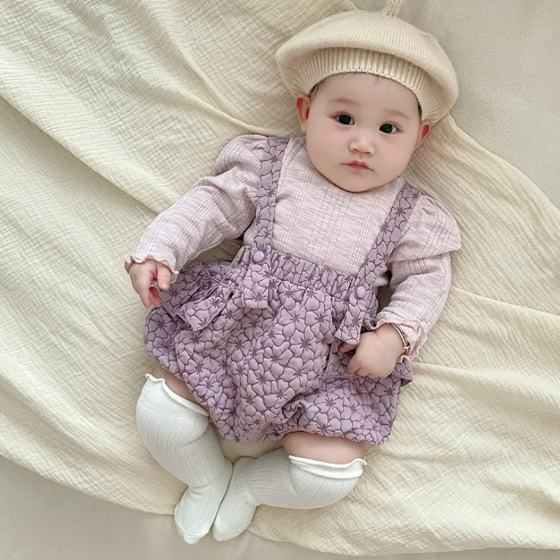 【セット】パープルフラワー長袖トップスサロペットロンパースセット