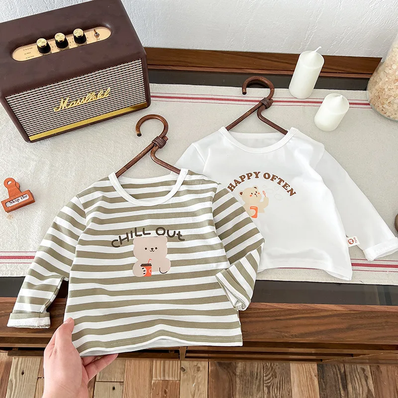 くまプリントストライプ長袖Tシャツ
