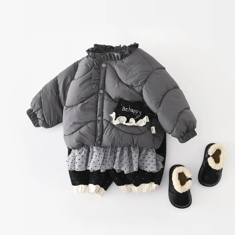 【BABY】グレーフリル英字プリント中綿ジャケット