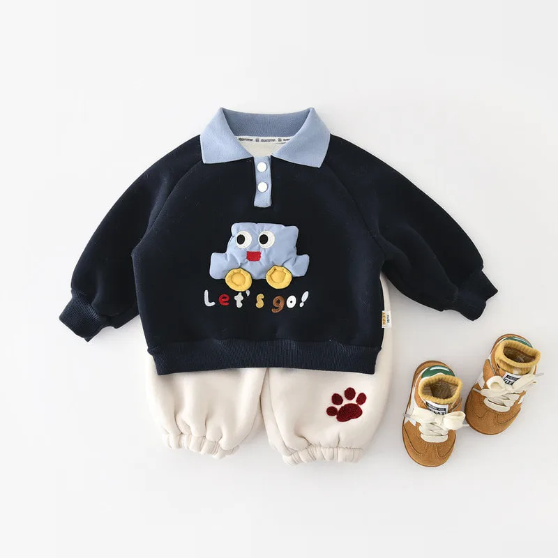 【リンクコーデ】カーモチーフ襟付き裏起毛Tシャツ／裏起毛パンツ