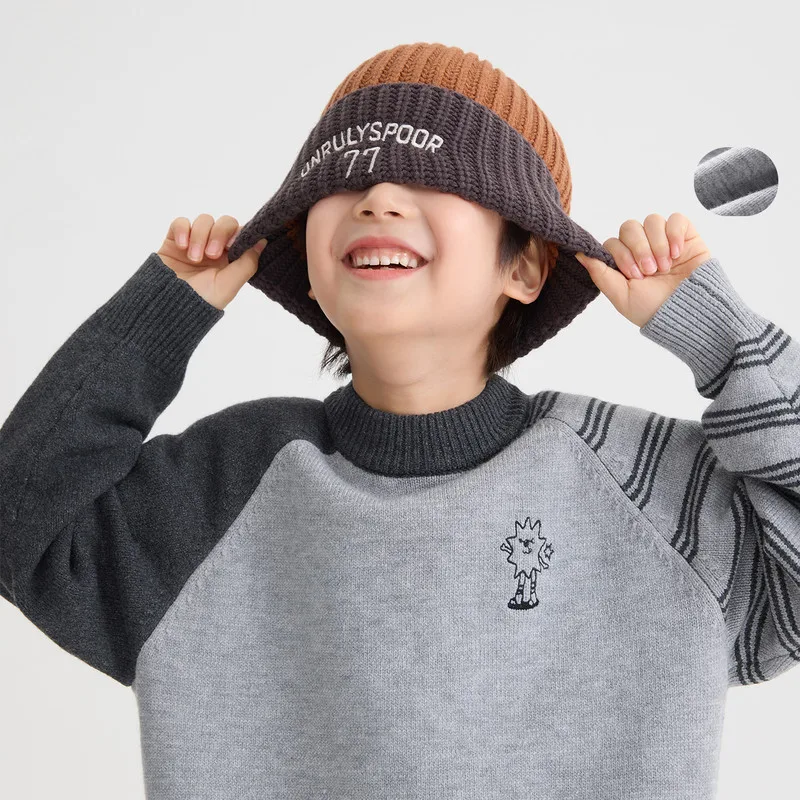 【KID】グレーストライプ袖キャラクターニットTシャツ