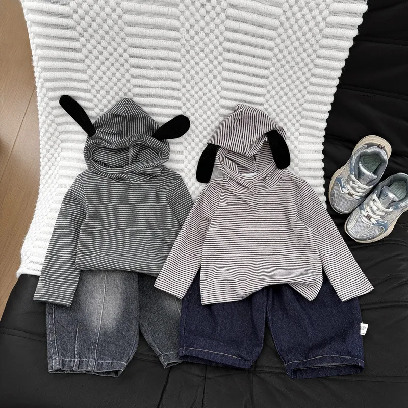 【BABY】ストライプ耳付きフード長袖Tシャツ