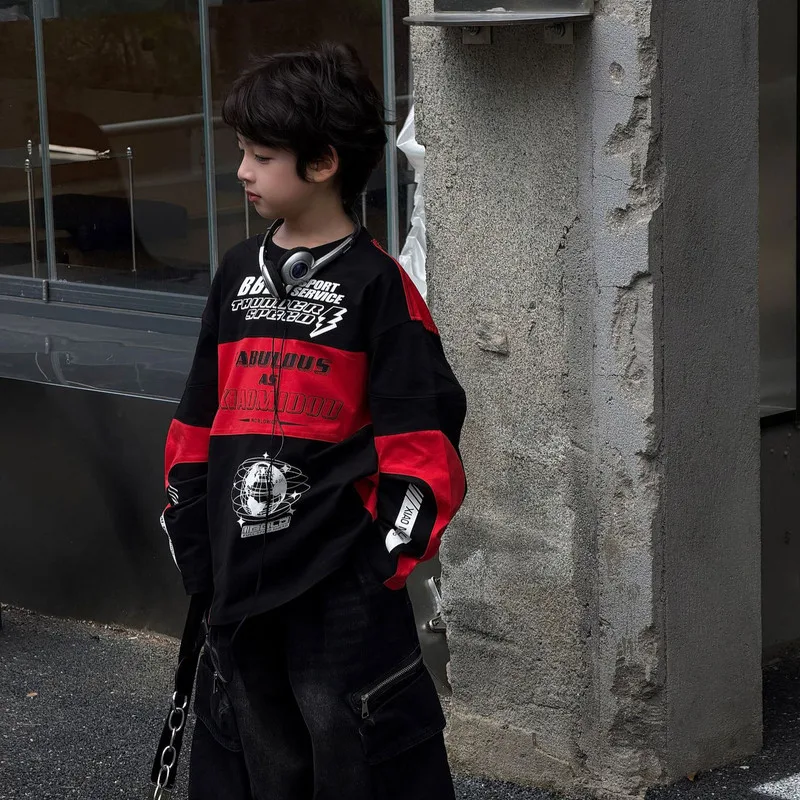 【KID】英字プリントブラック切替長袖Tシャツ