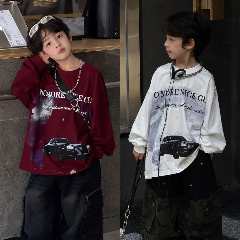 【KID】くるまグラフィック英字プリント長袖Tシャツ