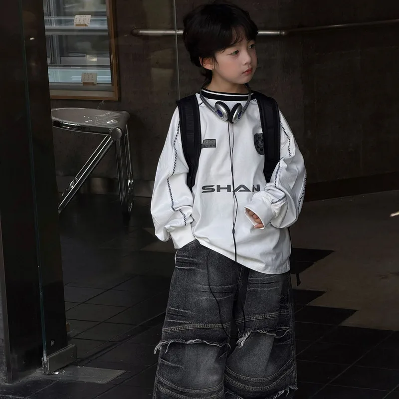 【KID】英字ロゴプリントラウンドネック長袖Tシャツ