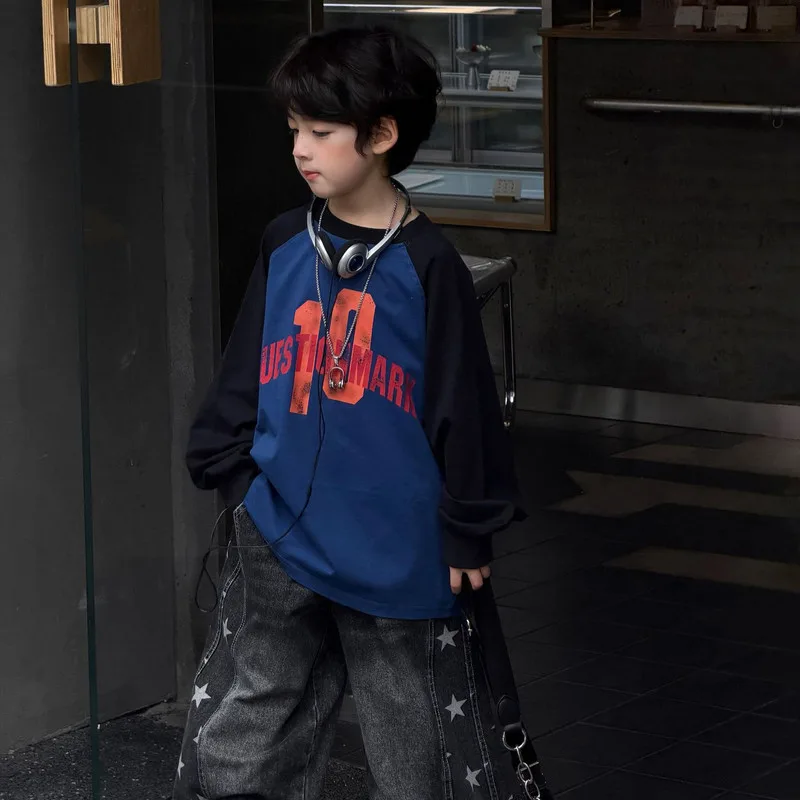【KID】ブルー英字ロゴ配色ラグラン長袖Tシャツ
